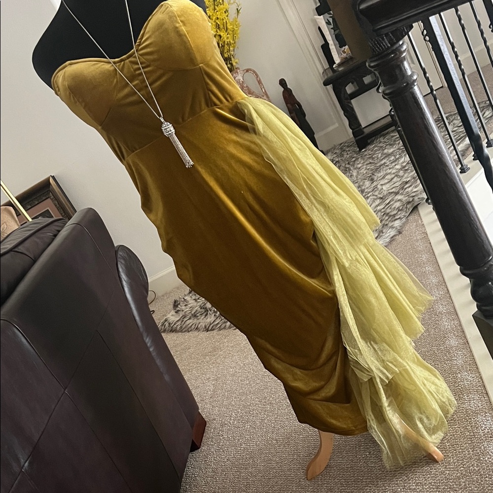Elegant Gold Strapless Dress with Tulle Accent by X Plus wear